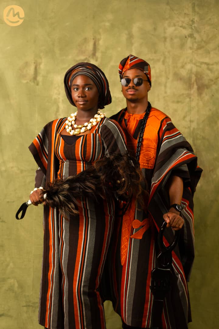 Brown & Orange Aso-Oke Gown, Ipele and Gele